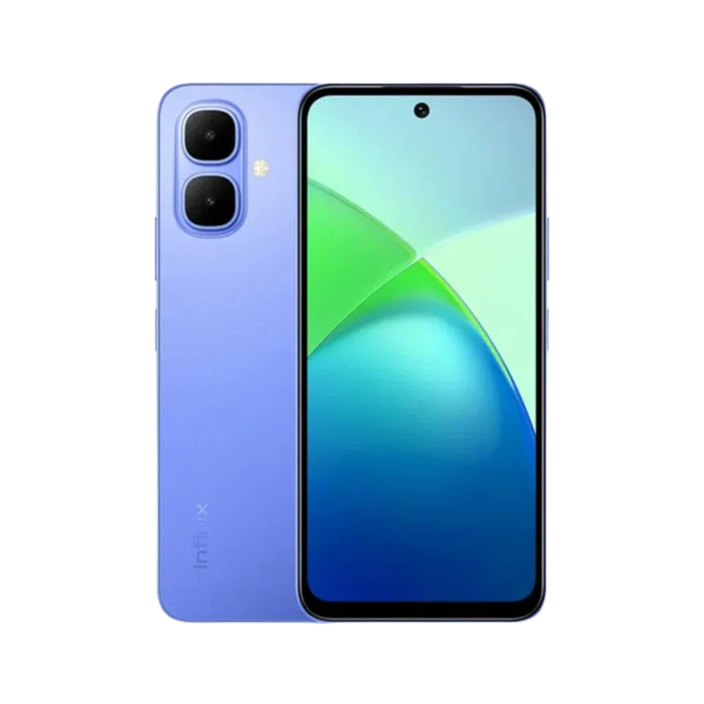 Infinix Smart 10 smartphone front and back view in Iris blue color