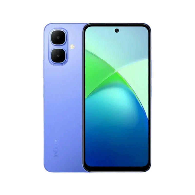 Infinix Smart 10 smartphone front and back view in Iris blue color