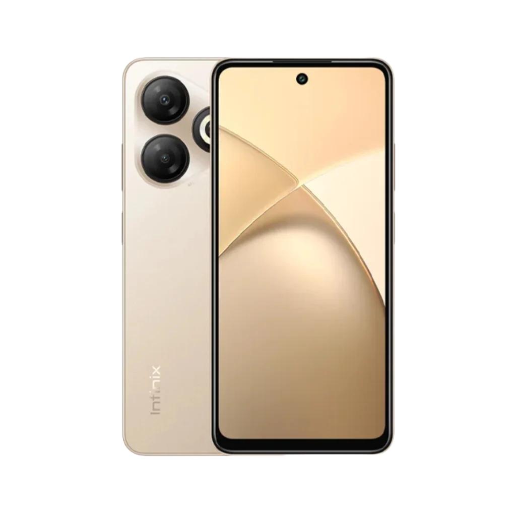 Infinix smart 10 HD smartphone front and back view in Shiny gold color