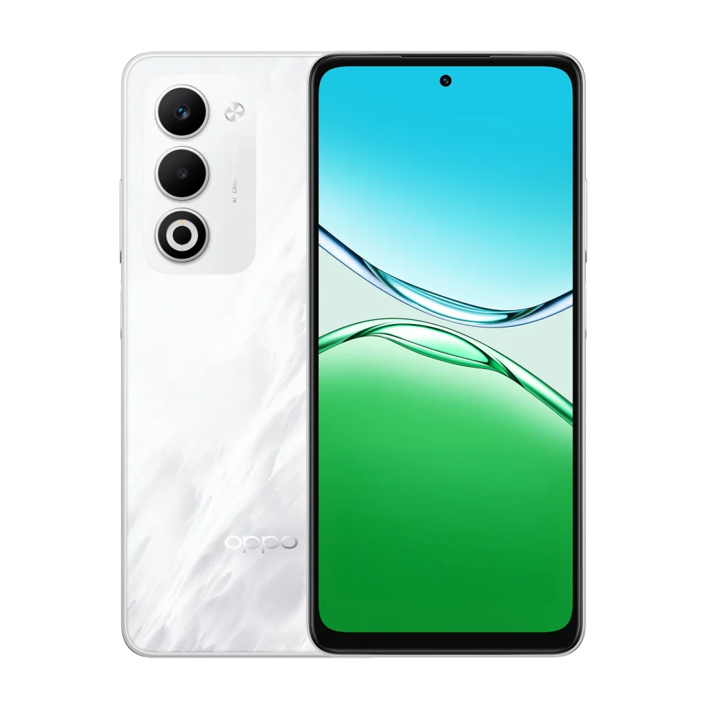 Oppo A5 4G smartphone in Mist White, showing rear dual camera setup and front display.
