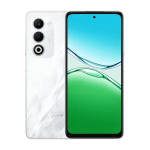 Oppo A5 4G smartphone in Mist White, showing rear dual camera setup and front display.