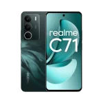 Realme C71 smartphone in Forest Owl showing front display and dual rear cameras