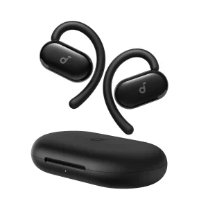 Anker Soundcore V20i open-ear wireless headphones in black with adjustable ear hooks and charging case.