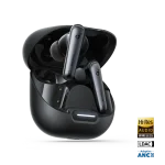 Anker Soundcore Liberty 4 NC wireless earbuds in black with open charging case, showing Hi-Res Audio, LDAC, and ANC logos.