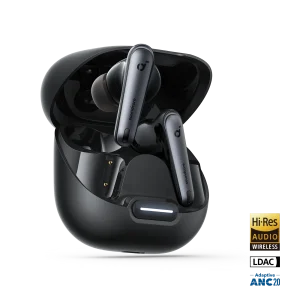 Anker Soundcore Liberty 4 NC wireless earbuds in black with open charging case, showing Hi-Res Audio, LDAC, and ANC logos.