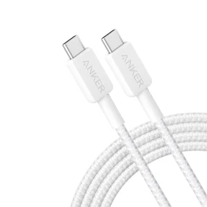 Anker USB-C to USB-C 6ft braided cable in white, coiled neatly with reinforced connectors and durable nylon exterior.