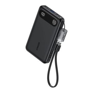 Anker Power Bank 10,000 mAh 22.5 W in black, showing USB-C and USB-A ports, compact form with strap loop for portability.