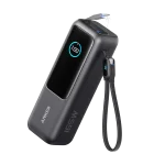 Anker Power Bank 25,000mAh 165W in black, showing digital display, USB ports, and built-in retractable USB-C cable.