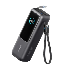 Anker Power Bank 25,000mAh 165W in black, showing digital display, USB ports, and built-in retractable USB-C cable.