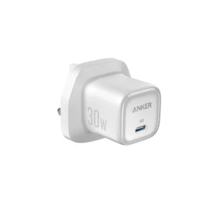 Anker Zolo 30W USB-C wall charger in white showing compact body and USB-C port