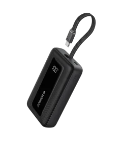 Anker Zolo power bank (10K, 30W) featuring a digital display and a built-in, braided USB-C cable that forms a carrying loop.