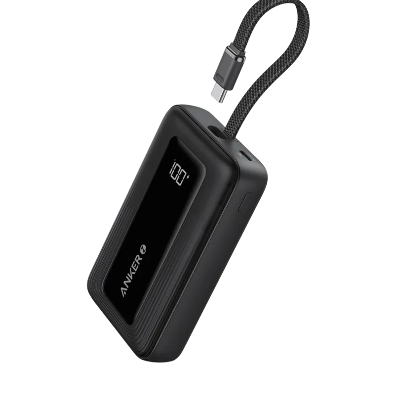 Anker Zolo power bank (10K, 30W) featuring a digital display and a built-in, braided USB-C cable that forms a carrying loop.