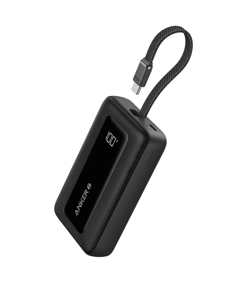 Anker Zolo power bank (10K, 30W) featuring a digital display and a built-in, braided USB-C cable that forms a carrying loop.