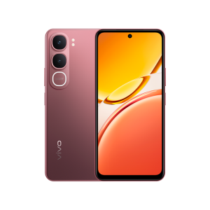 Vivo Y21d smartphone in Coral Red color showing dual rear cameras and a centered punch-hole display.
