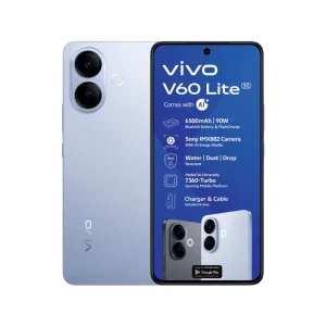 Vivo V60 Lite 5G smartphone in light blue, showing its dual rear camera design and front display