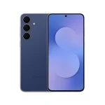 Samsung Galaxy S25 FE in navy blue, showing the rear triple-camera layout and the front display with a centered punch-hole design.