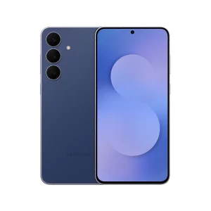 Samsung Galaxy S25 FE in navy blue, showing the rear triple-camera layout and the front display with a centered punch-hole design.