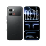 Infinix Note Edge 5G smartphone in Shadow Black showing front AMOLED display and dual rear camera design