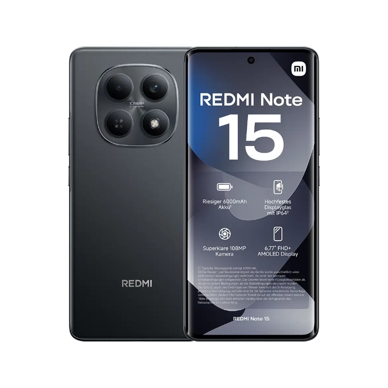 Redmi Note 15 in Black showing front AMOLED display and rear camera design