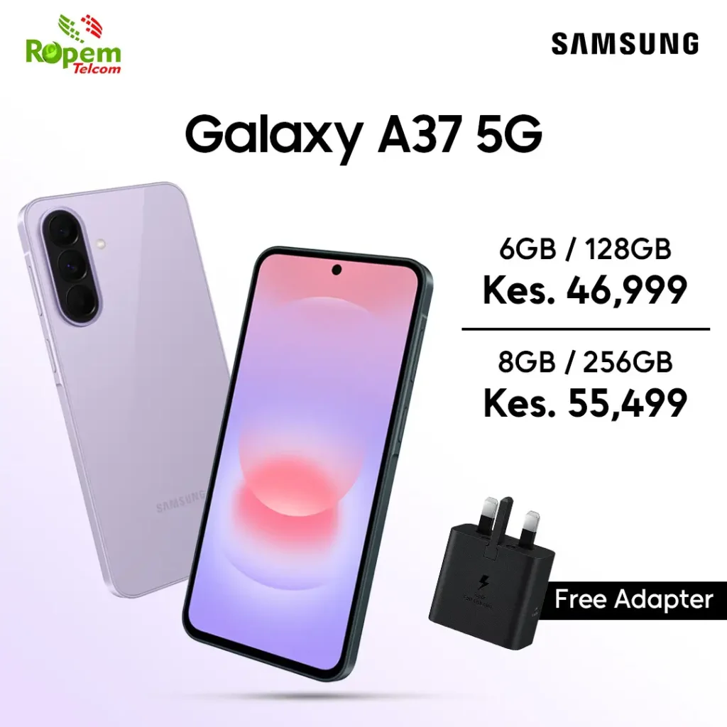 Samsung Galaxy A37 5G smartphone with 8GB RAM and 256GB storage plus free adapter available in Kenya at Ropem Phones