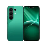 Tecno Camon 50 smartphone in Malachite Green showing both front and back, with triple rear cameras and a full-screen display
