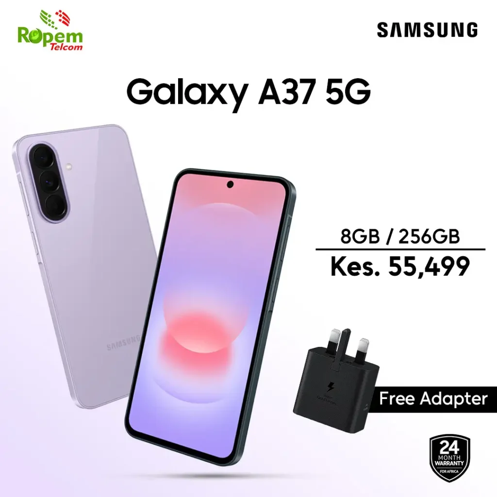 Samsung Galaxy A37 5G smartphone with 8GB RAM and 256GB storage plus free adapter available in Kenya at Ropem Phones