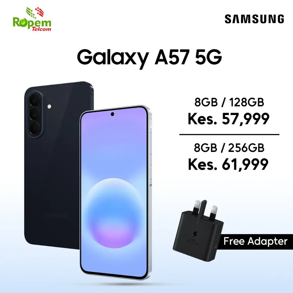 Samsung Galaxy A57 5G smartphone in black with 8GB RAM storage options and free adapter offer available in Kenya at Ropem Phones