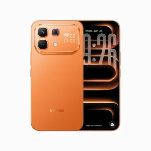 Infinix Note 60 Pro smartphone in orange showing rear side with dual cameras and front display