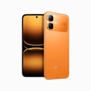 Infinix Smart 20 Smartphone in Sunlike Orange showing the rear dual camera and orange gradient display