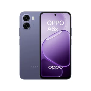 OPPO A6x smartphone in Plum Purple showing both front and back, rear cameras and a full-screen display