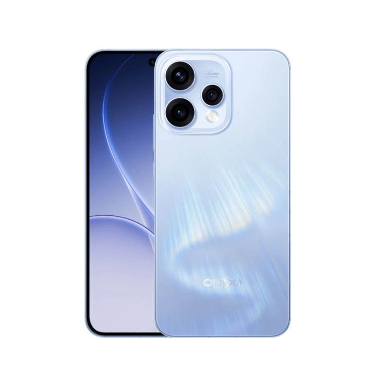 OPPO RENO15 5G smartphone in AURORA WHITE showing both front and back, rear cameras and screen display