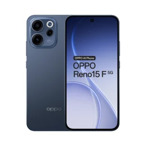 OPPO Reno15 F 5G smartphone showing both front and rear cameras and screen display