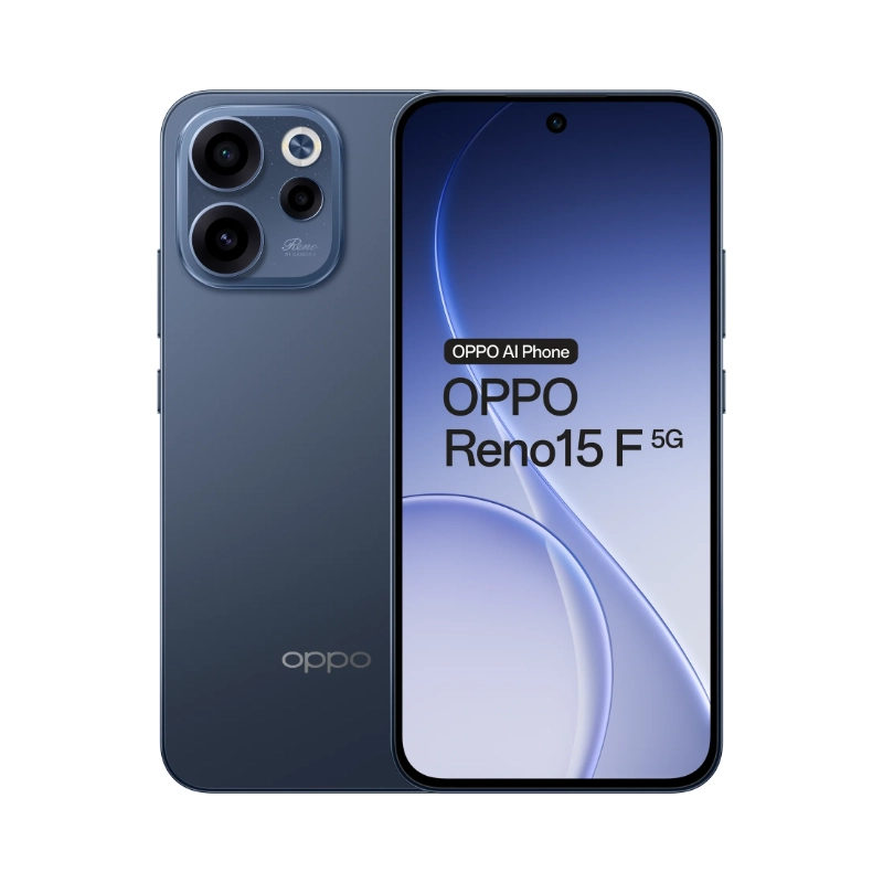 OPPO Reno15 F 5G smartphone showing both front and rear cameras and screen display