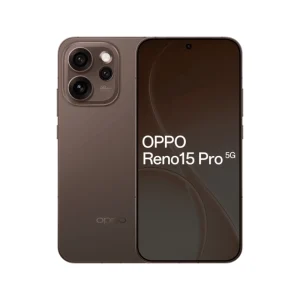OPPO Reno15 Pro 5G smartphone in dusk brown showing both front and rear cameras and screen display