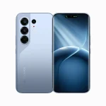 Tecno Camon 50 PRO smartphone in ETHERAL BLUE showing both front and back, with triple rear cameras and a full-screen display