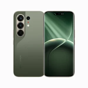 Tecno Camon 50 PRO smartphone in FIR Green showing both front and back, with triple rear cameras and a full-screen display