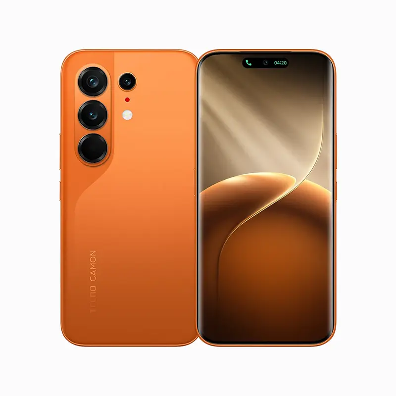 TECNO CAMON 50 ULTRA 5G Luminous Orange - Buy Smartphones & Accessories | Ropem Phones Kenya Tecno Camon 50 Ultra 5G smartphone in Luminous Orange, showing front and rear views with cameras and gradient display