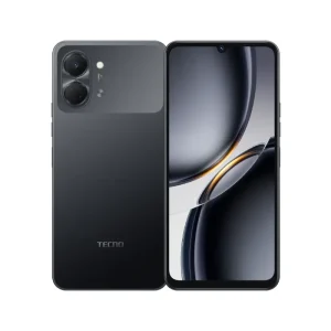 Tecno POP 20 smartphone in showing both front and back, with DUAL rear cameras and a full-screen display