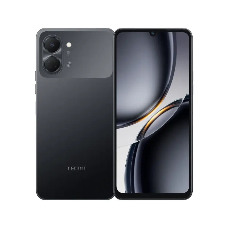 Tecno POP 20 smartphone in showing both front and back, with DUAL rear cameras and a full-screen display