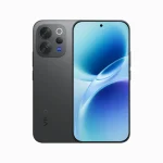 Vivo V70 5G smartphone in Authentic Black, showing front and rear views with dual Zeiss cameras and blue gradient display