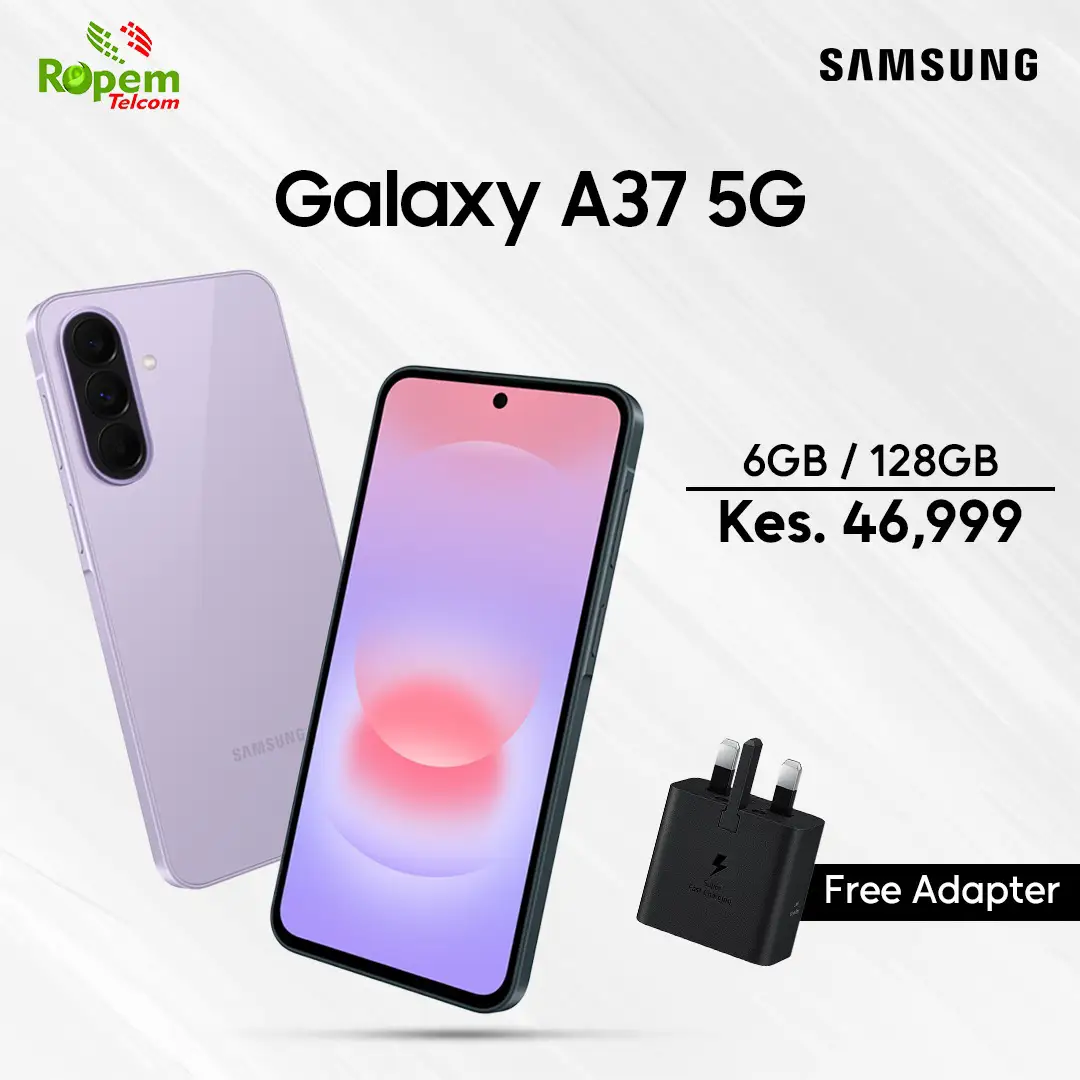 Samsung Galaxy A37 5G smartphone in lavender color with 6GB RAM and 128GB storage including free adapter offer at Ropem Phones Kenya