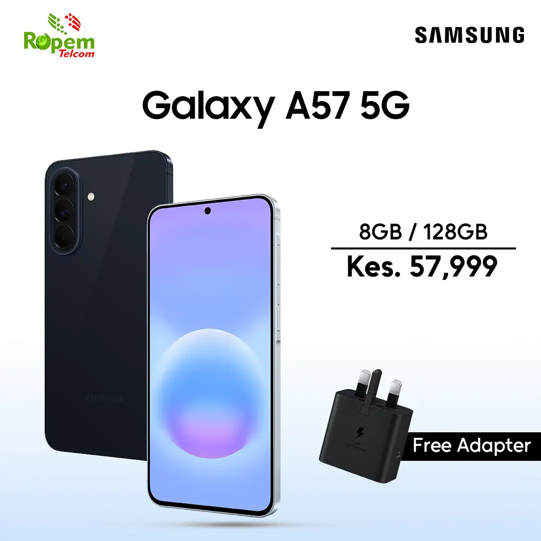 Samsung Galaxy A57 5G black smartphone with 8GB RAM and 128GB storage including free adapter from Ropem Phones Kenya