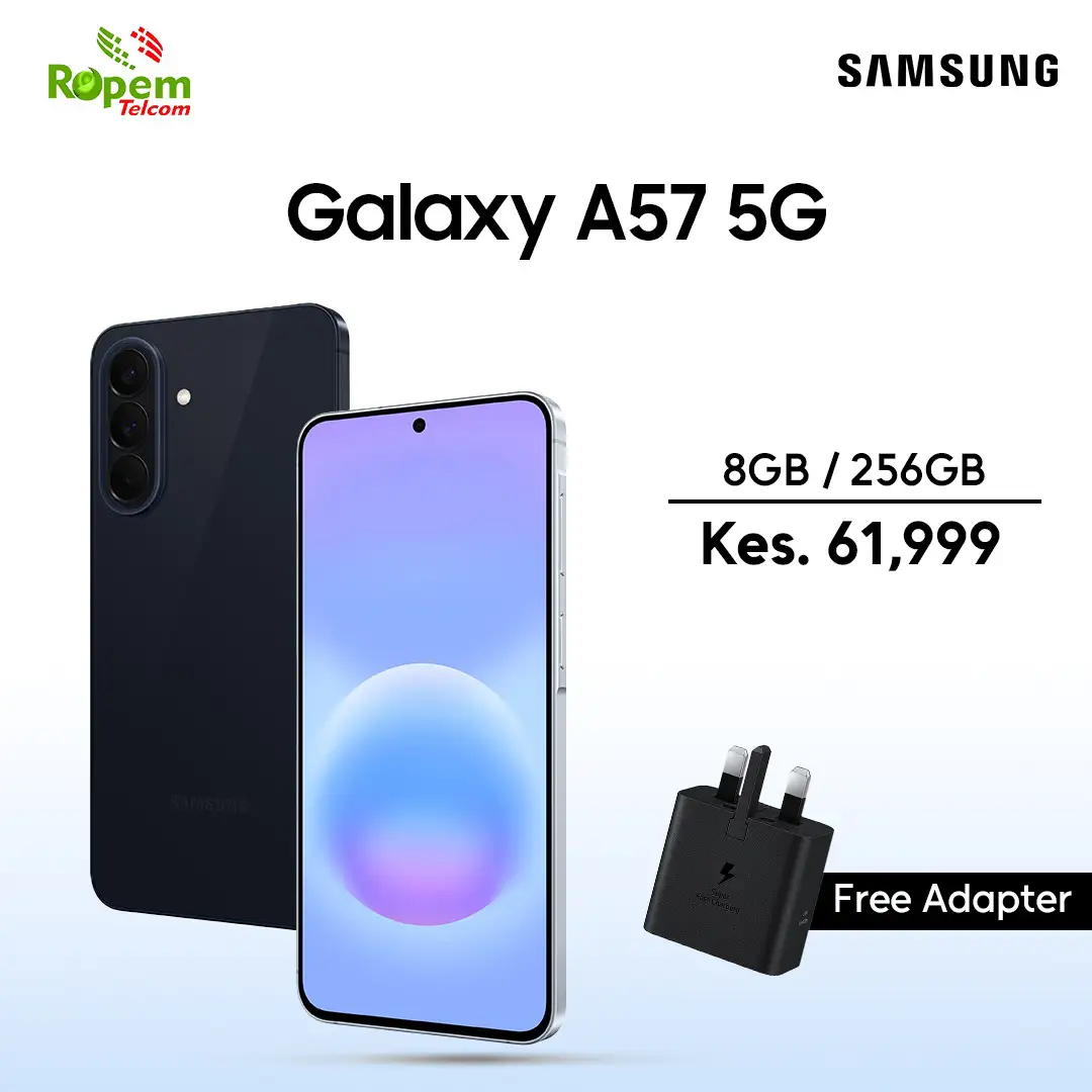Samsung Galaxy A57 5G black smartphone with 8GB RAM and 256GB storage with free adapter available in Kenya