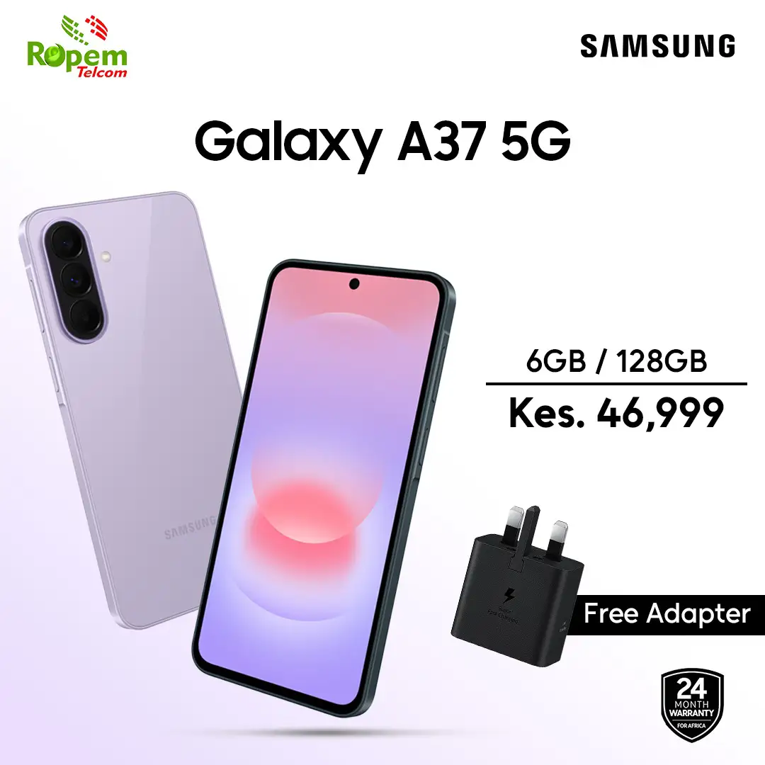 Samsung Galaxy A37 5G smartphone with 8GB RAM and 256GB storage plus free adapter available in Kenya at Ropem Phones