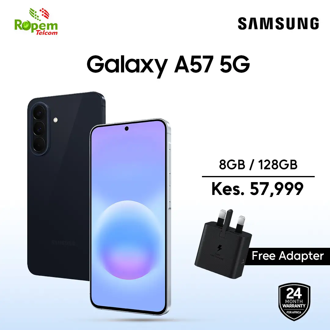 Samsung Galaxy A57 5G black smartphone with 8GB RAM and 256GB storage with free adapter available in Kenya
