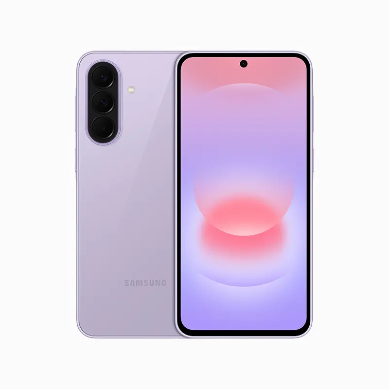 Samsung Galaxy A37 Smartphone in Lavender showing rear tripple camera and front display