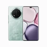 Honor smartphone with mint green marble back and large circular rear camera module; front shows edge-to-edge display with a top-center punch hole.