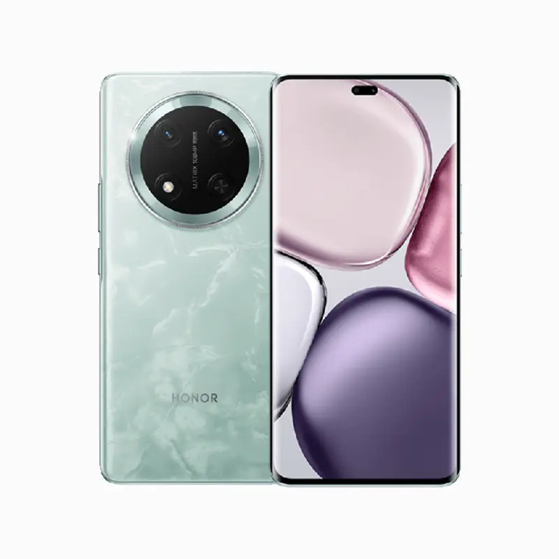 Honor smartphone with mint green marble back and large circular rear camera module; front shows edge-to-edge display with a top-center punch hole.