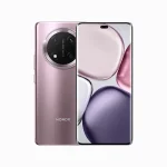 Honor smartphone with gradient pink-purple back and circular camera module; front displays colorful abstract wallpaper.