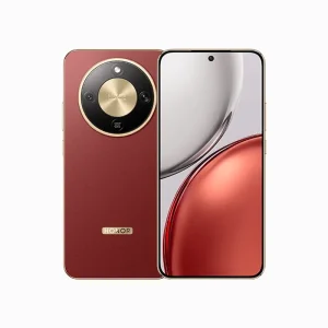 Red Honor smartphone shown from back and front, featuring a circular gold-ring camera module on the rear and a nearly edge-to-edge display on the front.